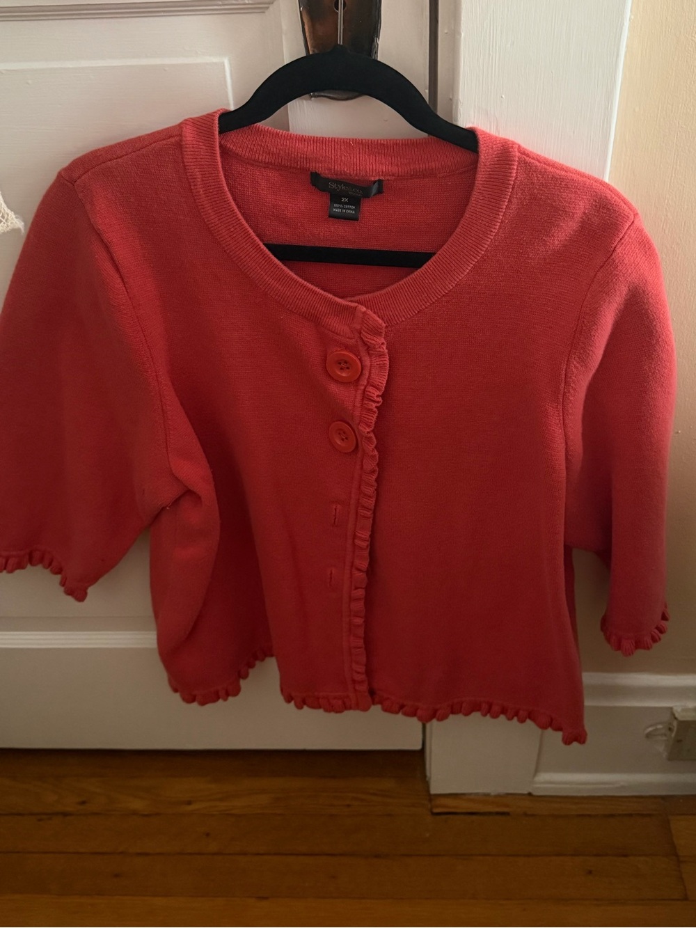 Style & Co. Coral-Pink Short Sleeve Ruffle-Trim Button Cardigan